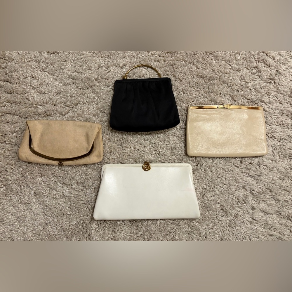 Vintage Women's Clutch Bag Collection-4 Evening Bags in Leather, Fabric, Satin